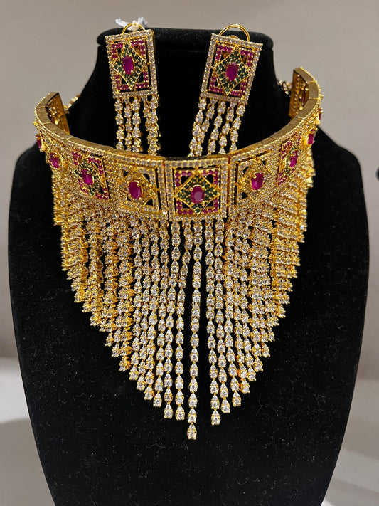 Attractive Gold Plated Multicolor Stone Design Necklace With Earrings