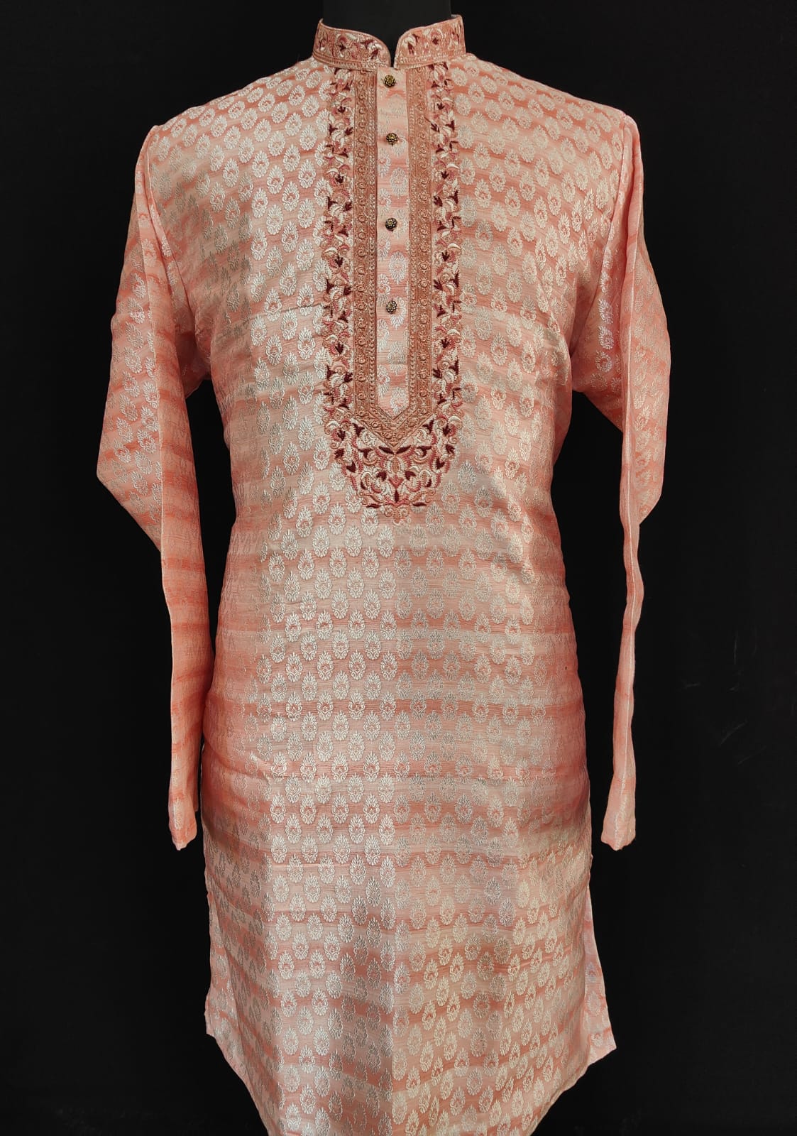 Charming Peach Color Silk Full Sleeve Embroidery Work Kurta Pajama Set For Men