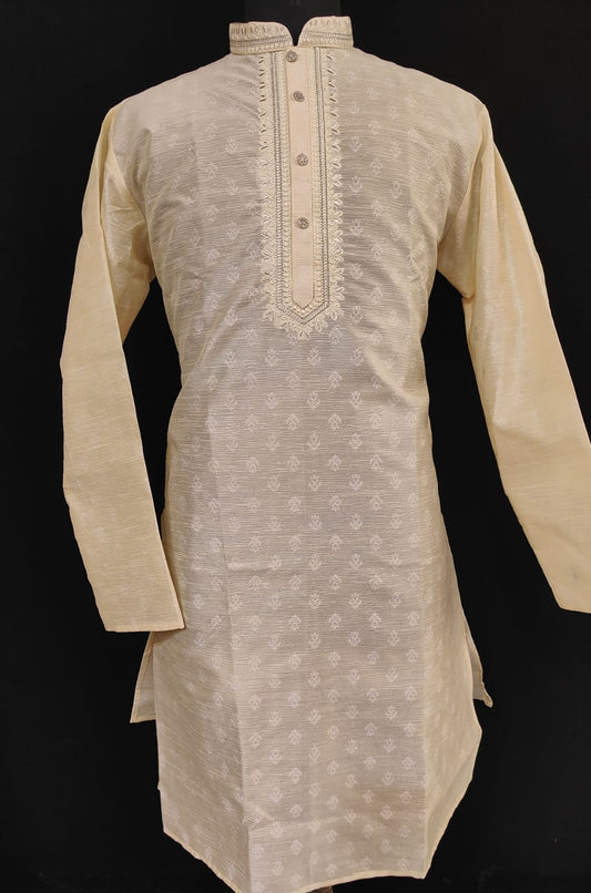 Attractive Sandal Color Silk Full Sleeve Embroidery Work Kurta Pajama Set For Men