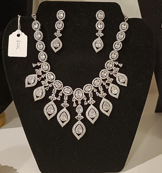 Dazzling White Color Stone Worked American Diamond Unique Designed Necklace Set