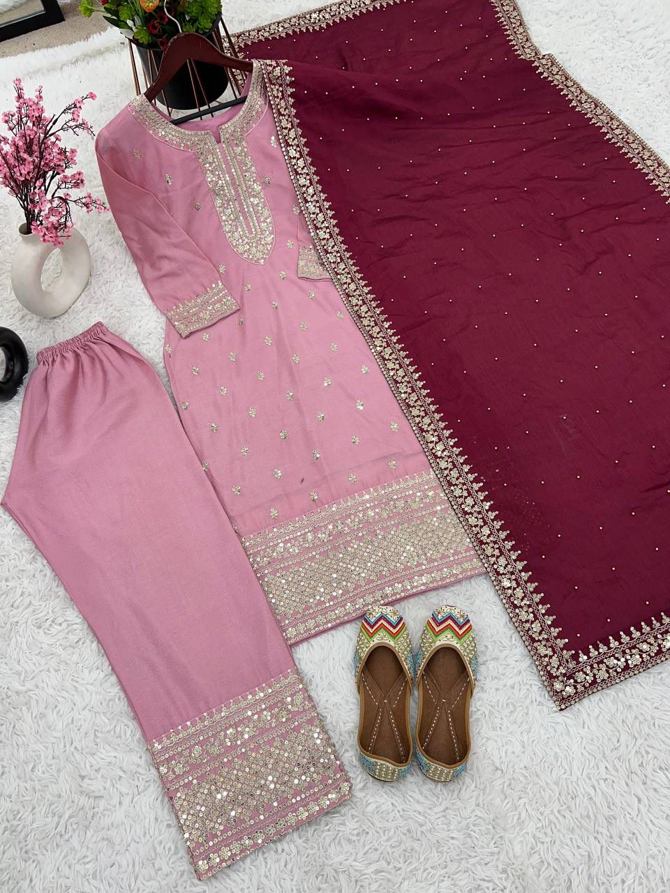 Elegant Light Pink Color Chinon Silk With Embroidery Work Palazzo Suits In USA