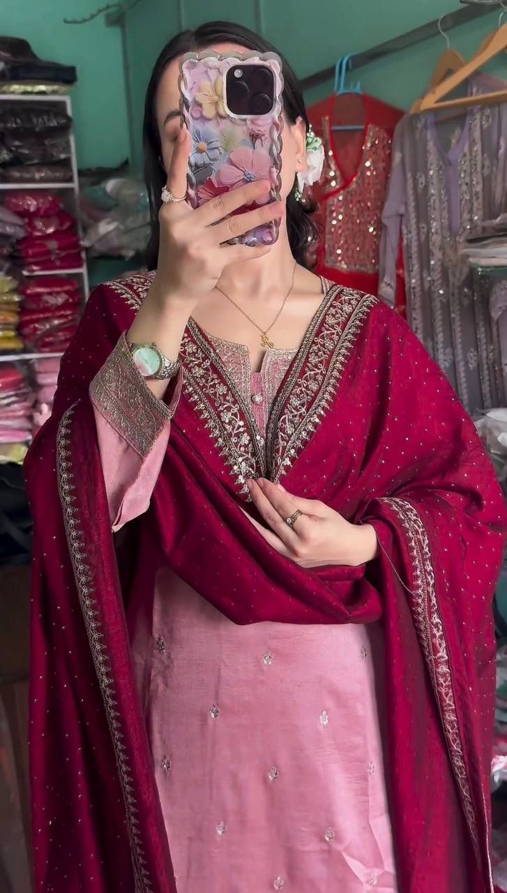 Elegant Light Pink Color Chinon Silk With Embroidery Work Palazzo Suits Near Me