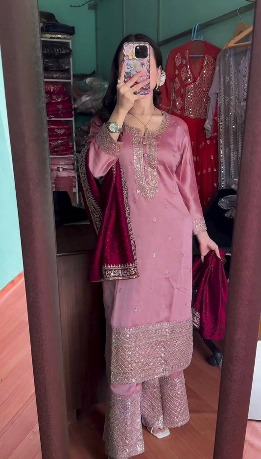 Elegant Light Pink Color Chinon Silk With Embroidery Work Palazzo Suits For Women