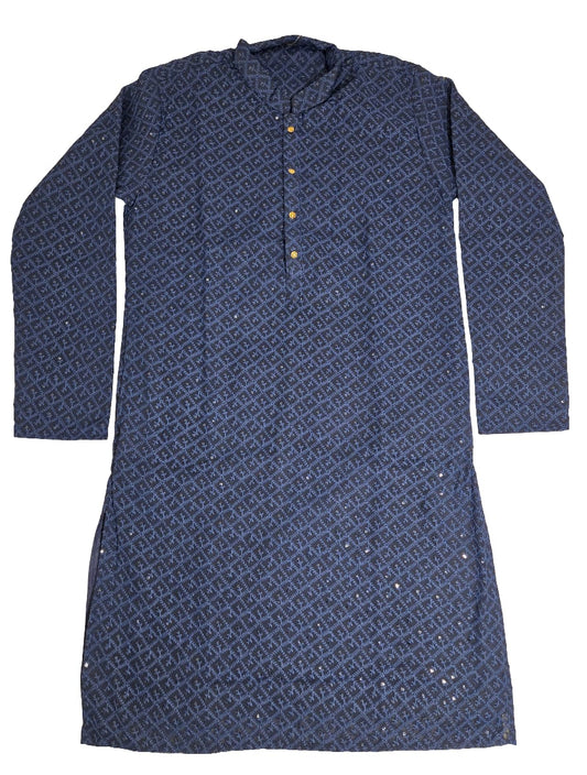 Appealing Navy Blue Color Jacquard Chikankari Kurta Set For Men