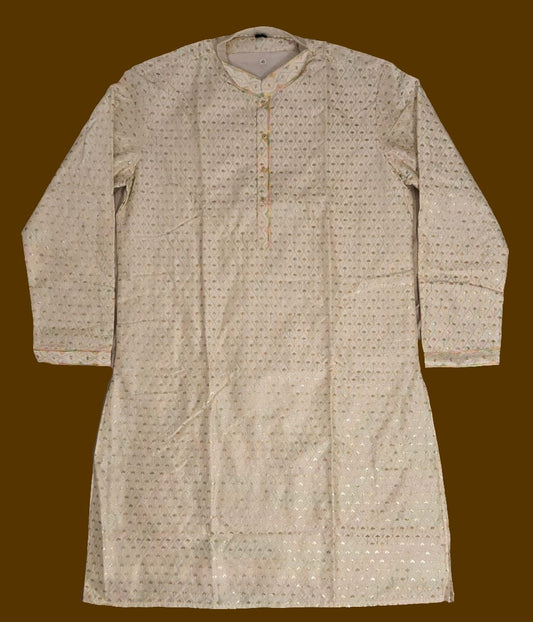 Alluring Off White Color Art Silk Neck Embroidery Work Kurta Sets For Men
