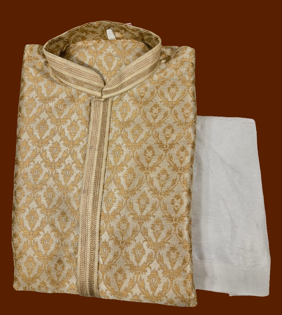 Gorgeous Gold Colored Silk Cotton Kurta With Floral And Leaf Motifs For Men