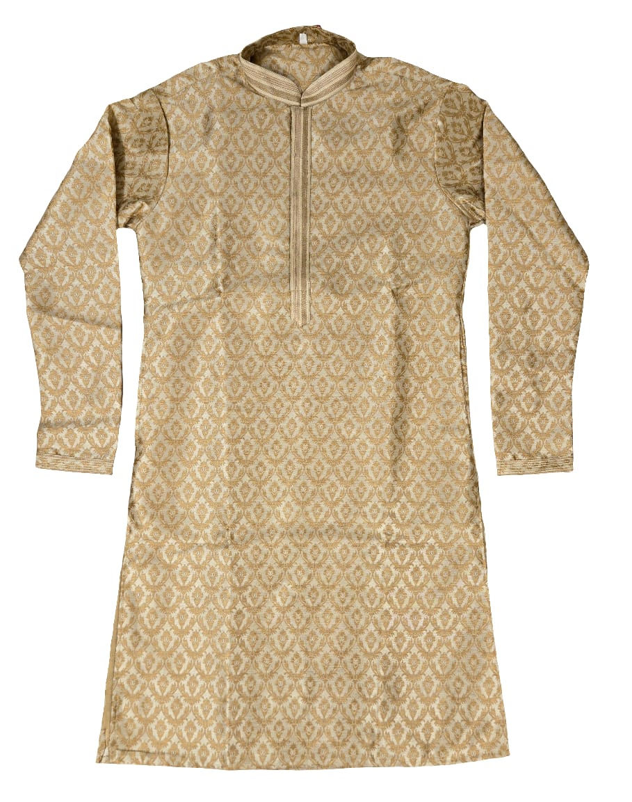 Gorgeous Gold Colored Silk Cotton Kurta With Floral And Leaf Motifs For Men