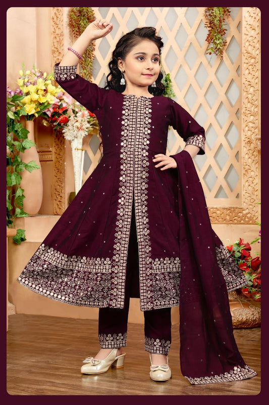 Elegant Wine Colored Embroidery Work Girls Anarkali Suit