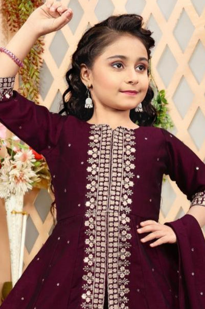 Elegant Wine Colored Embroidery Work Girls Anarkali Suit Near Me