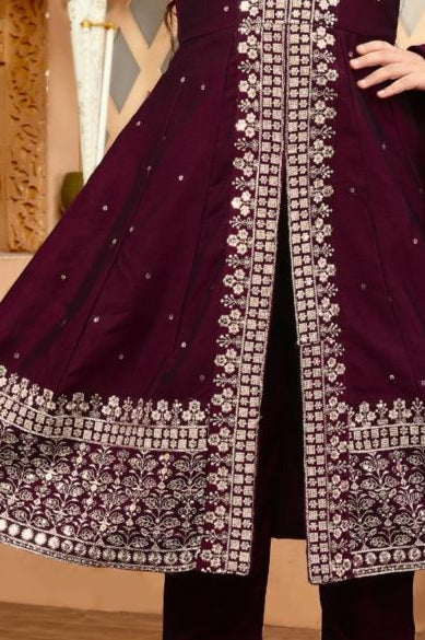 Elegant Wine Colored Embroidery Work Girls Anarkali Suit In Mesa
