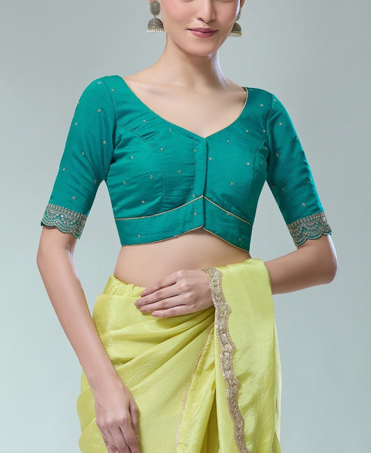 Pleasing Rama Green Color Silk Blend Zari Work Readymade Blouse For Women