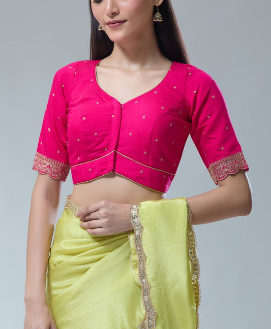 Alluring Pink Color Zari Work V Neck Readymade Blouse For Women