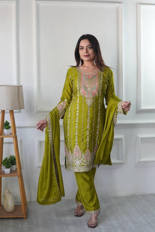 Charming Mehendi Green Color Pure Chinon Silk Salwar Suit With Heavy Embroidery Work