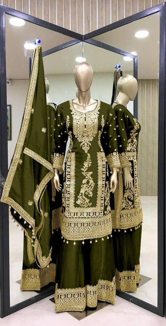 Graceful Green Color Pure Chinon Silk With Heavy Embroidery Work Palazzo Suits For Women