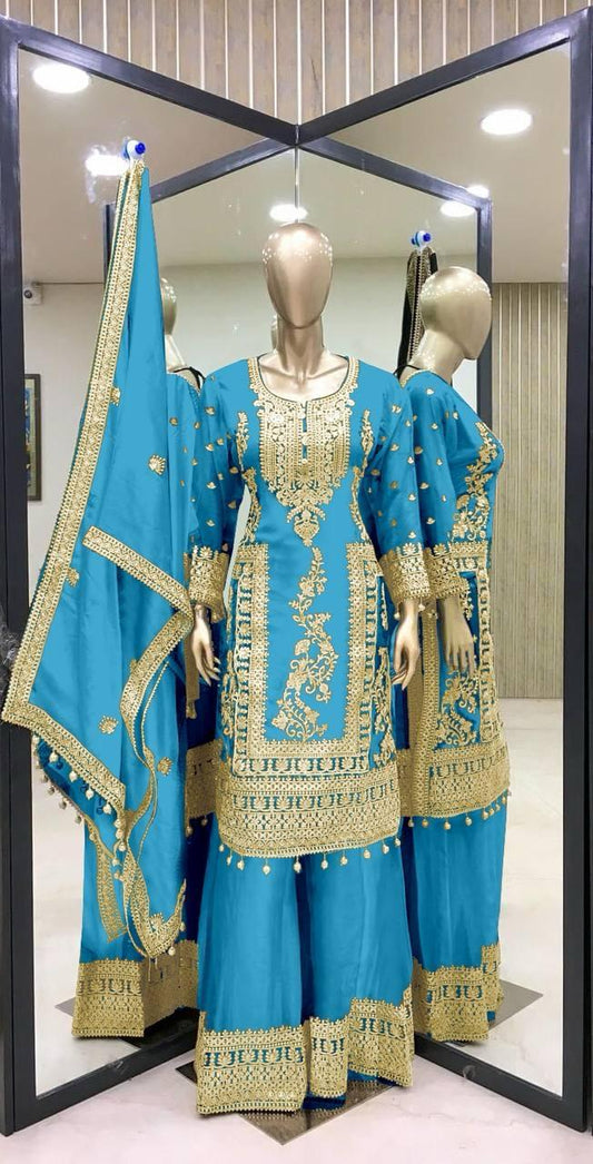 Graceful Sky Blue Color Pure Chinon Silk Heavy Embroidery And Sequence Work Palazzo Suits