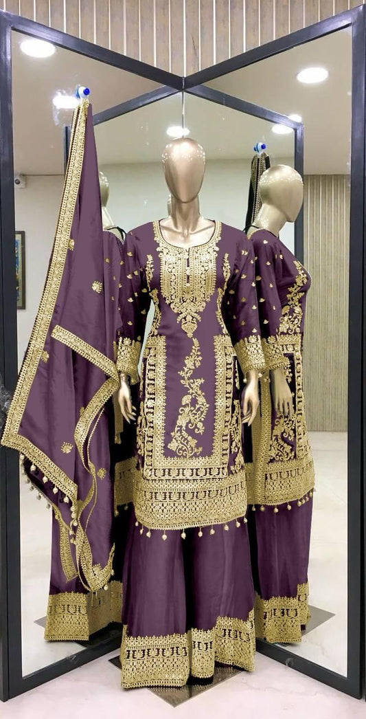 Pretty Lavender Color Pure Chinon Silk With Heavy Embroidery Work Palazzo Suits