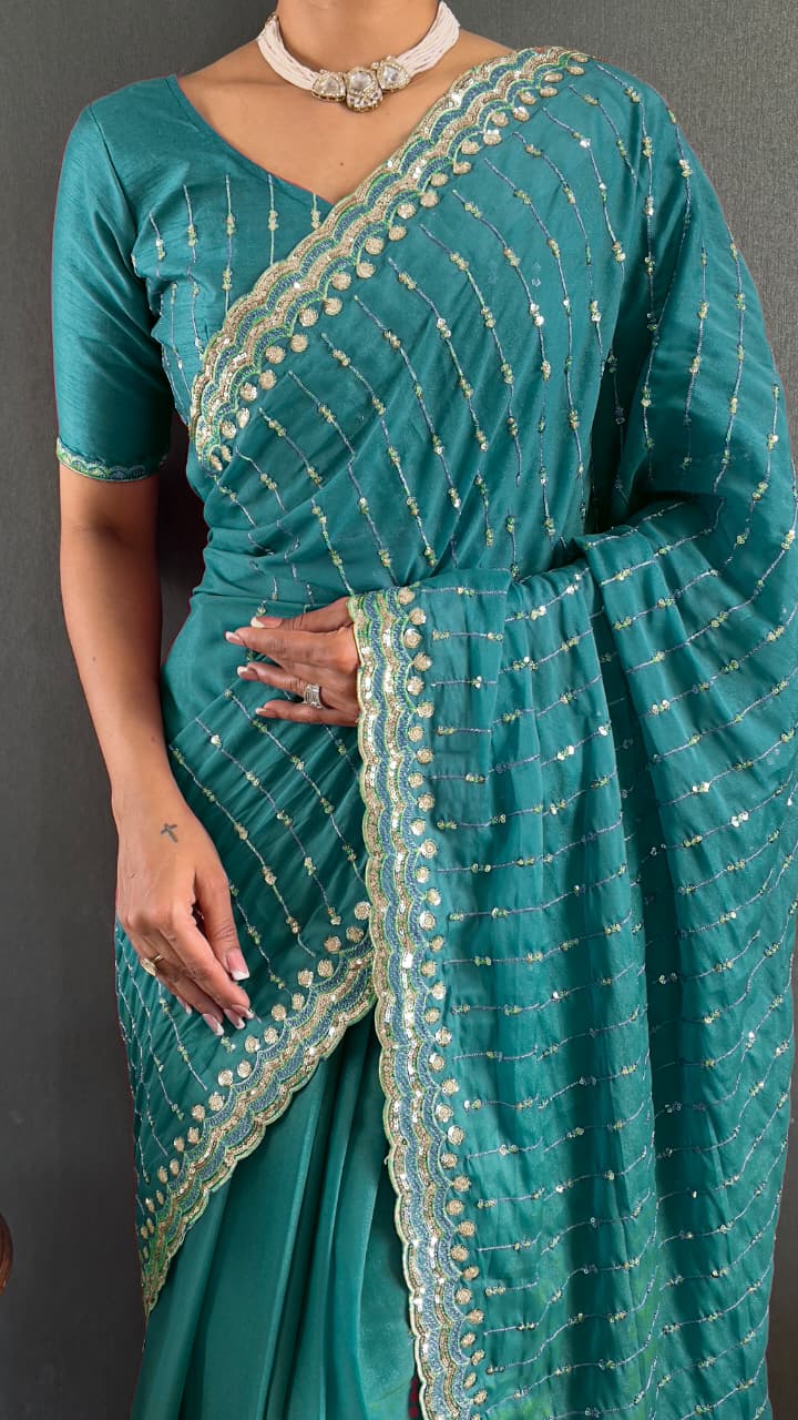 Attractive Teal Blue Color Georgette Silk Ready To Wear Saree With Embroidery Work In Chandler