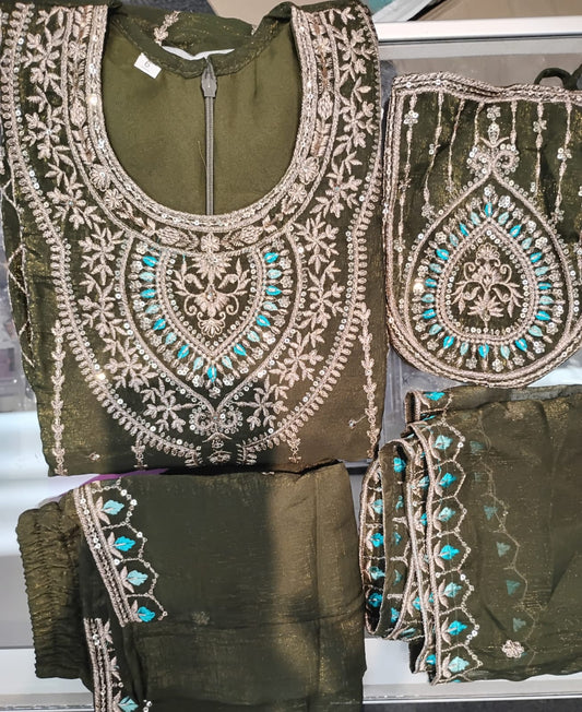 Fantastic Olive Green Color Georgette With Embroidery And Sequins Work Palazzo Suits For Girls