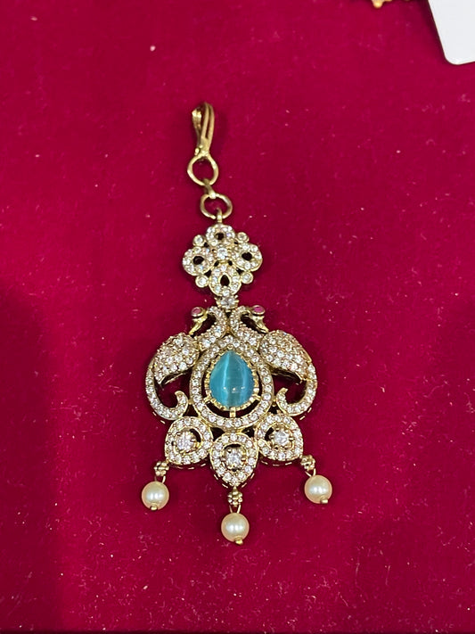 Stunning blue stone gold plated american diamonds  maang tikka for women