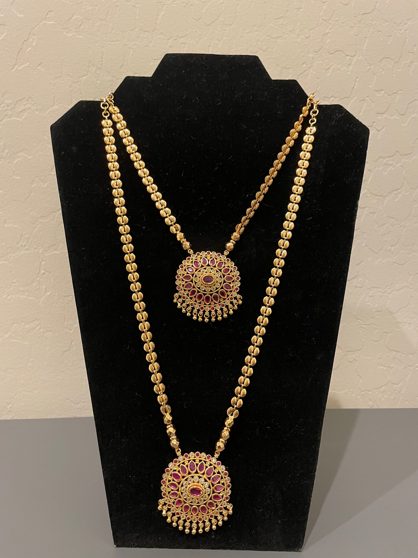 Pretty Pink Stones Gold Plated Two Stepped Necklace Set