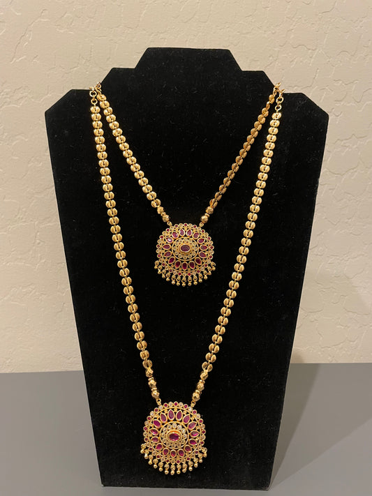 Pretty Pink Stones Gold Plated Two Stepped Necklace Set