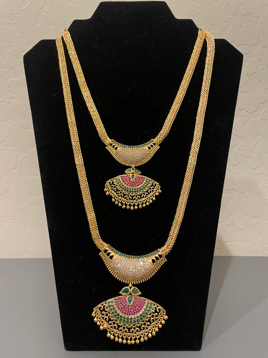 Gorgeous Green And Pink Stones Gold Plated Two Stepped Necklace Set