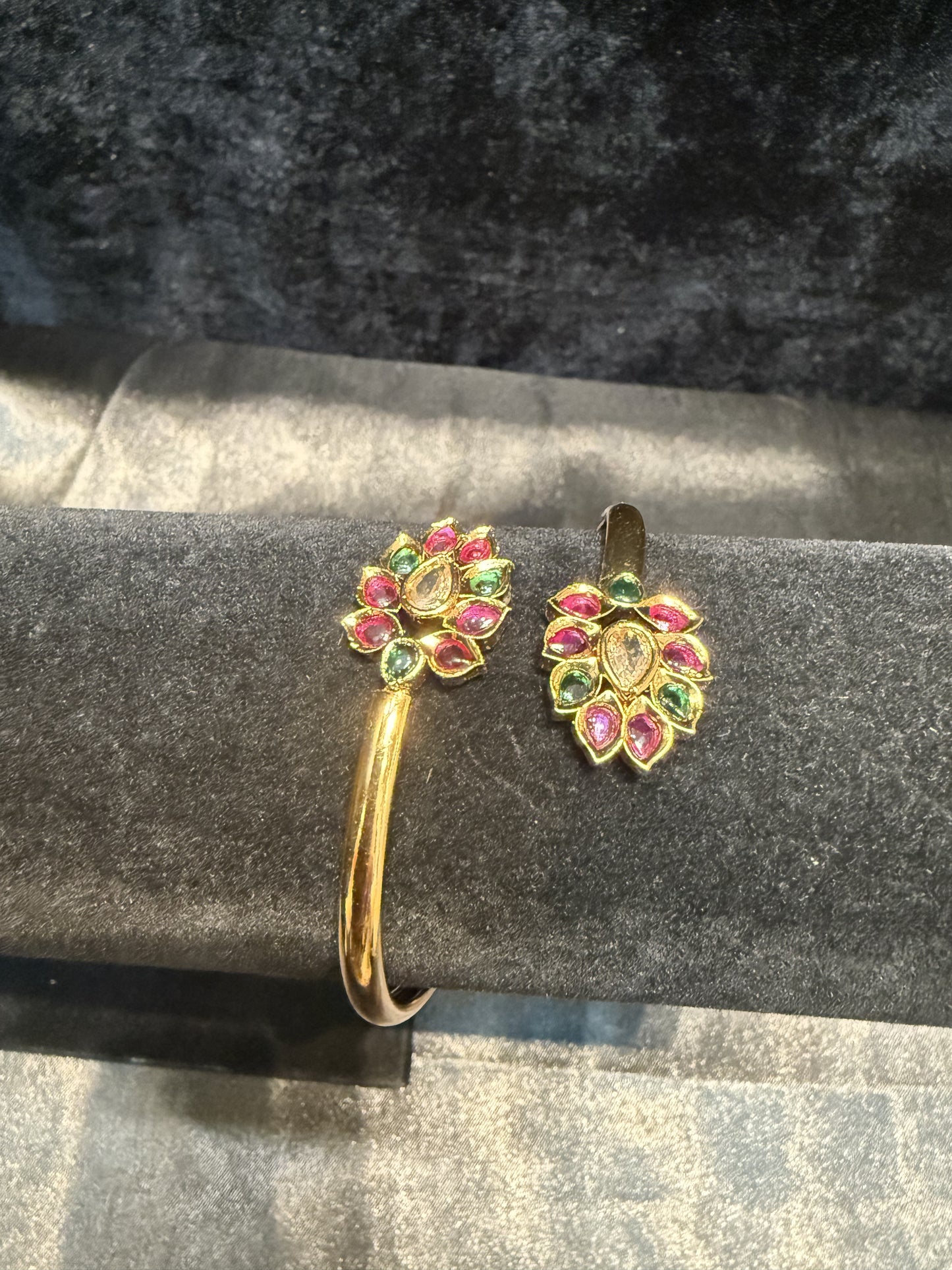 Beautiful Gold Plated With Green Hot Pink And White Stone Bracelet With Flower Design