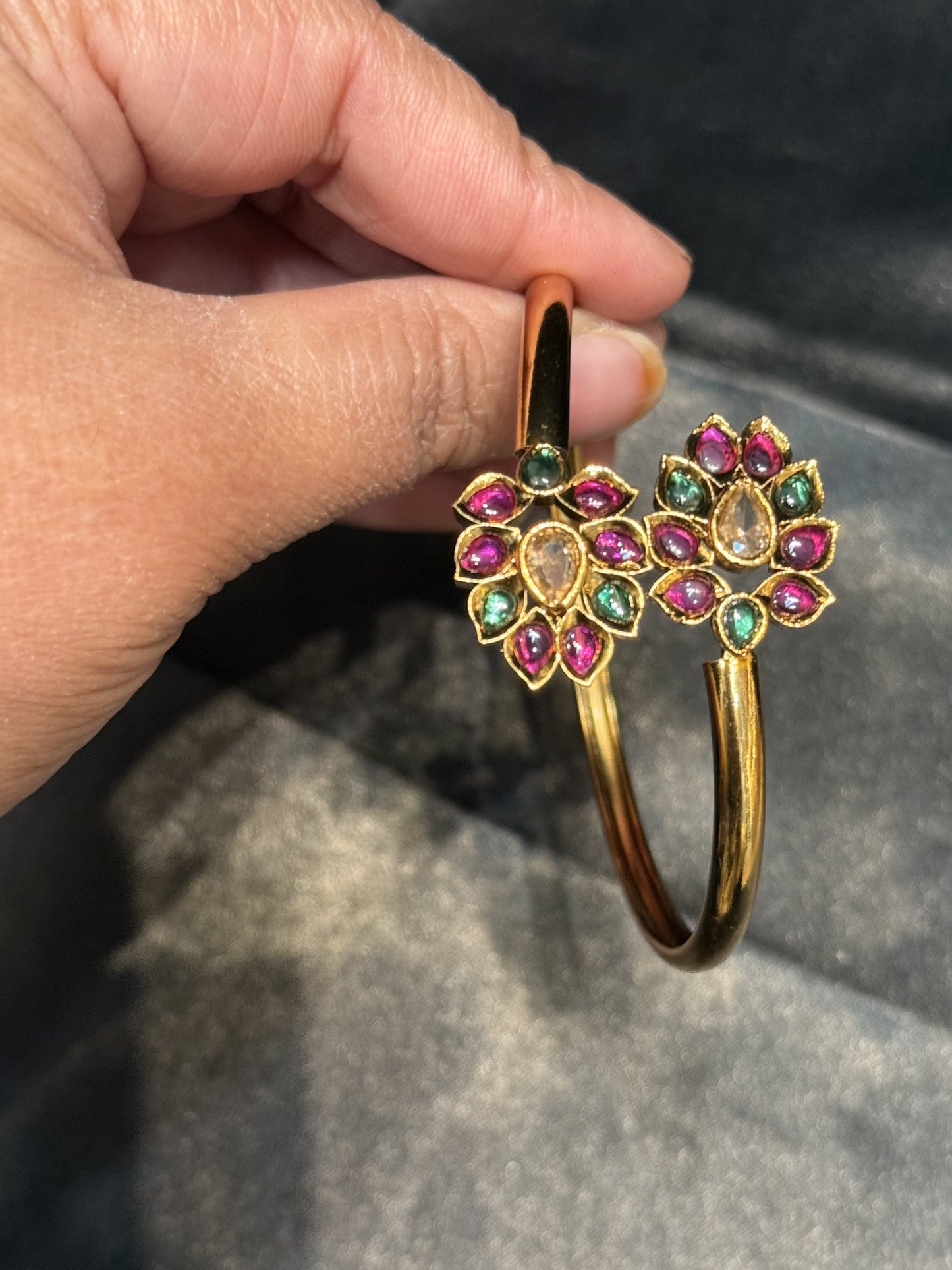 Beautiful Gold Plated With Green Hot Pink And White Stone Bracelet With Flower Design