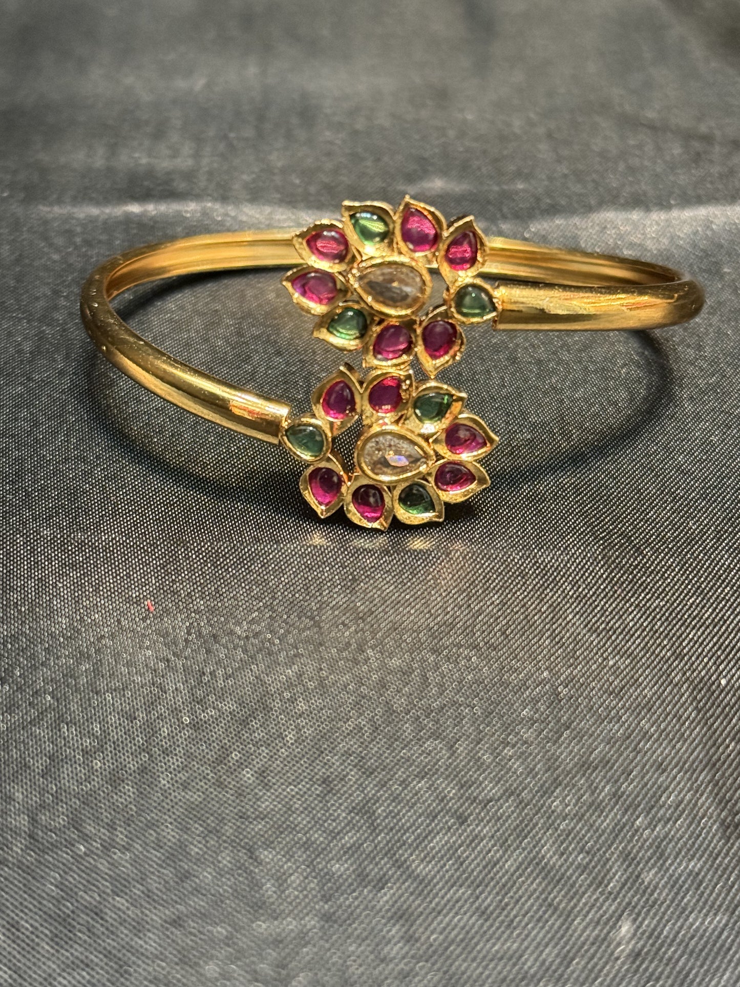 Beautiful Gold Plated With Green Hot Pink And White Stone Bracelet With Flower Design