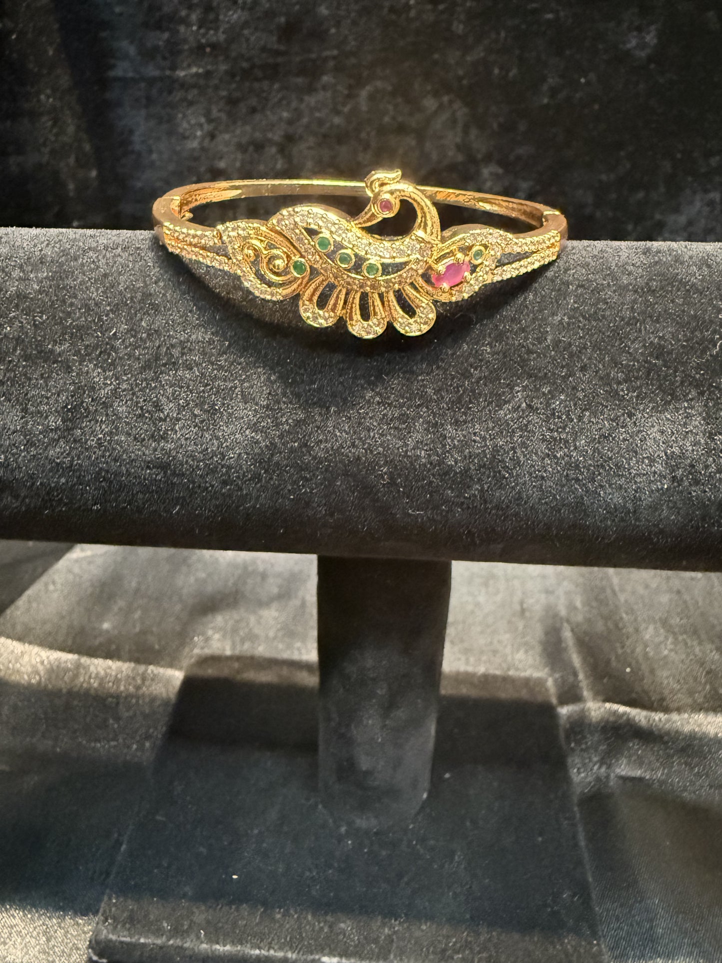 Beautiful Gold Plated With Green Hot Pink And White Stone Bracelet With Beautiful Peacock Design