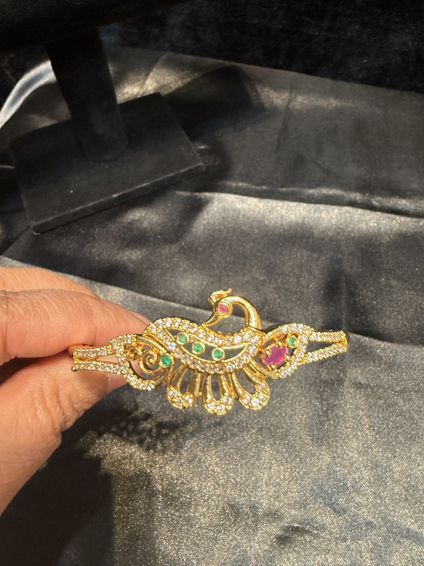 Beautiful Gold Plated With Green Hot Pink And White Stone Bracelet With Beautiful Peacock Design