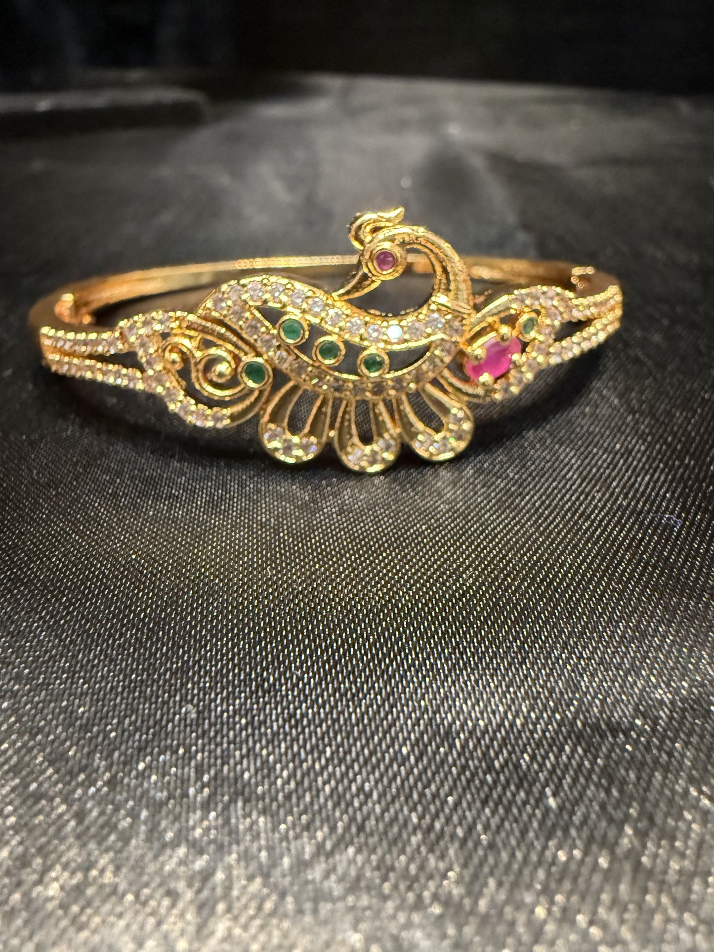 Beautiful Gold Plated With Green Hot Pink And White Stone Bracelet With Beautiful Peacock Design