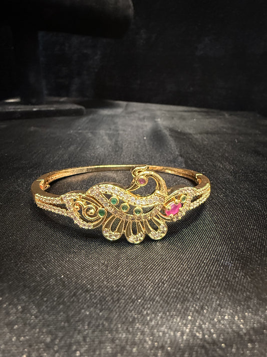 Beautiful Gold Plated With Green Hot Pink And White Stone Bracelet With Beautiful Peacock Design