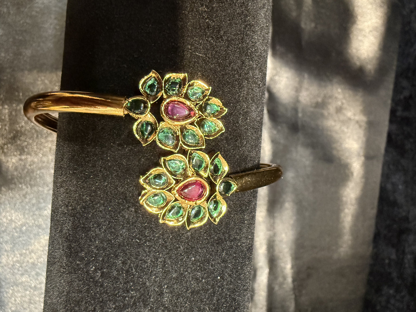 Beautiful Gold Plated With Green And Hot Pink Stone Bracelet With Flower Design