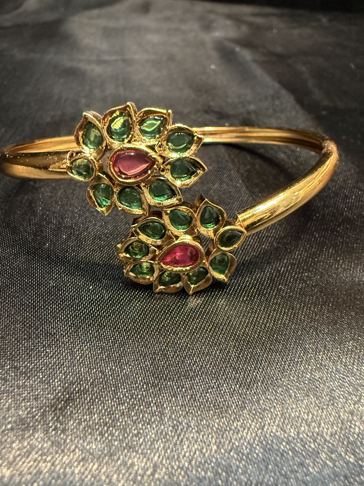 Beautiful Gold Plated With Green And Hot Pink Stone Bracelet With Flower Design