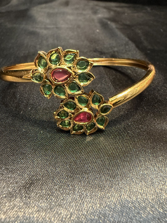 Beautiful Gold Plated With Green And Hot Pink Stone Bracelet With Flower Design