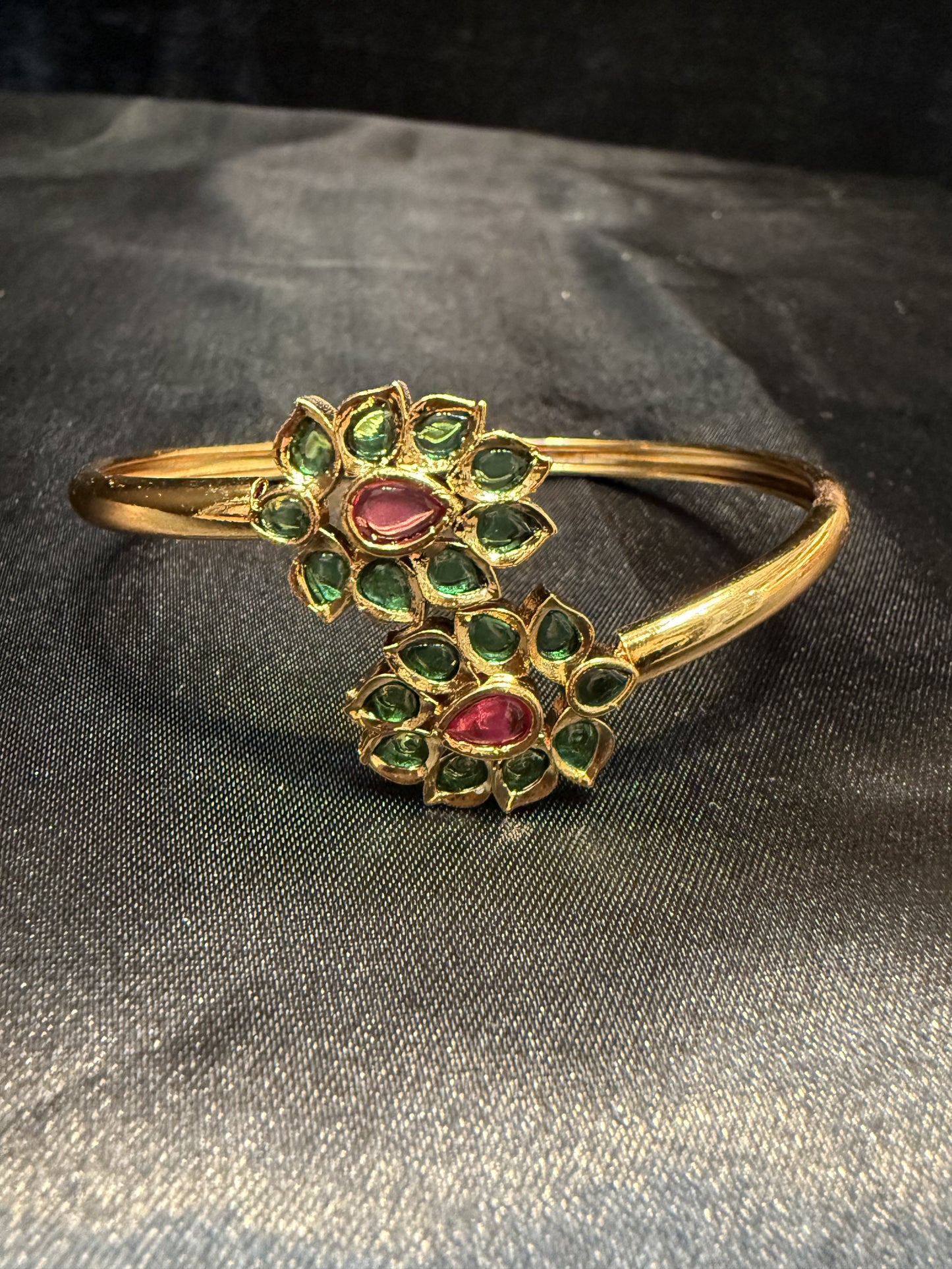 Beautiful Gold Plated With Green And Hot Pink Stone Bracelet With Flower Design