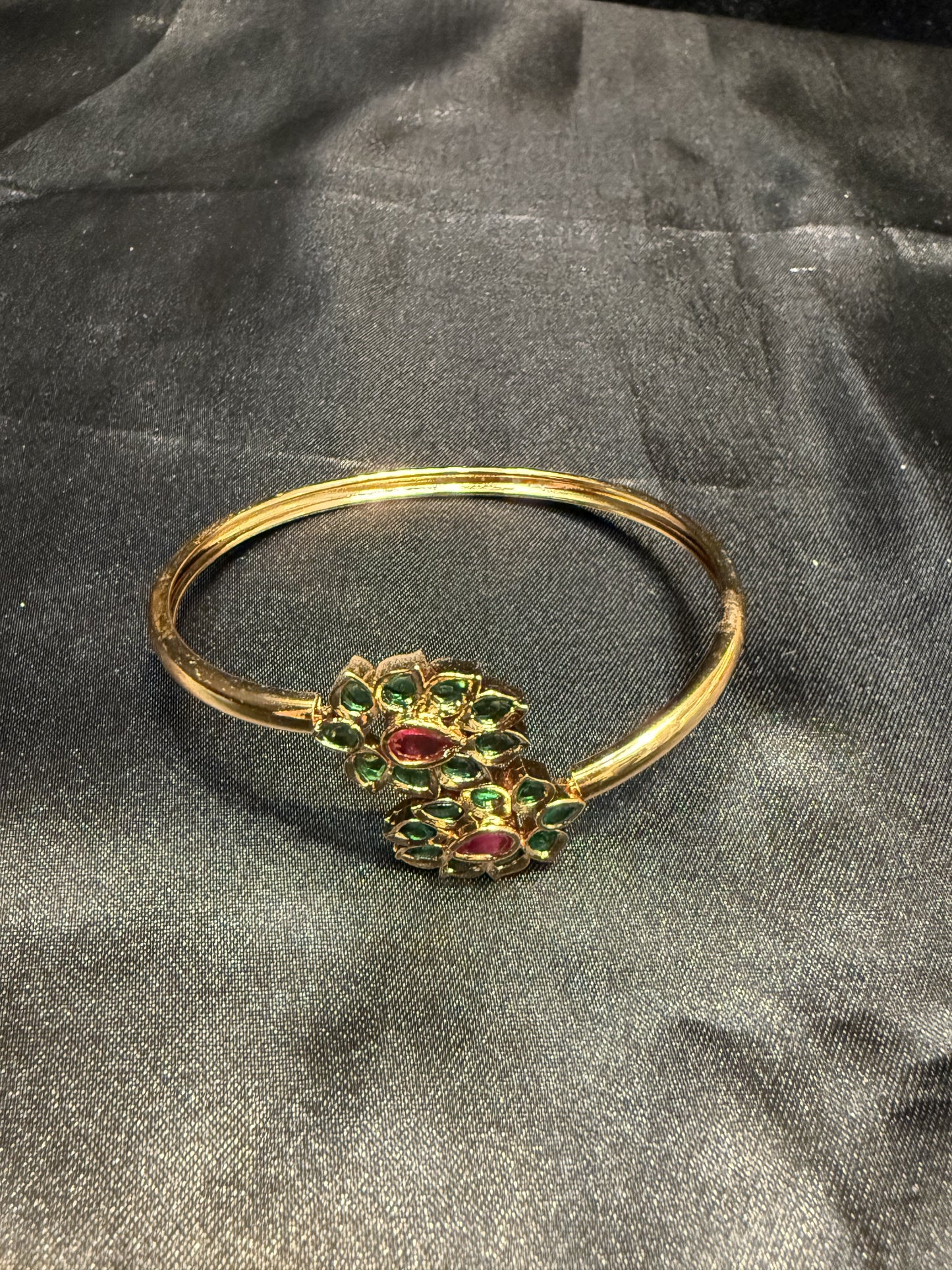 Beautiful Gold Plated With Green And Hot Pink Stone Bracelet With Flower Design