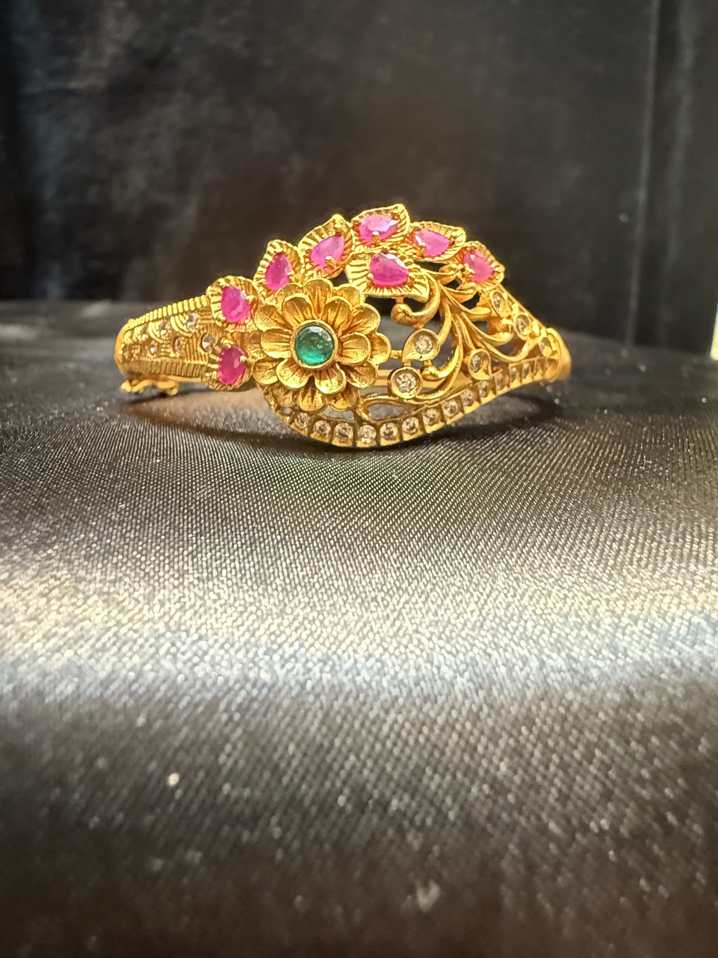 Beautiful Gold Plated With Hot Pink And White Stone Bracelet With Flower And Leaf Shape