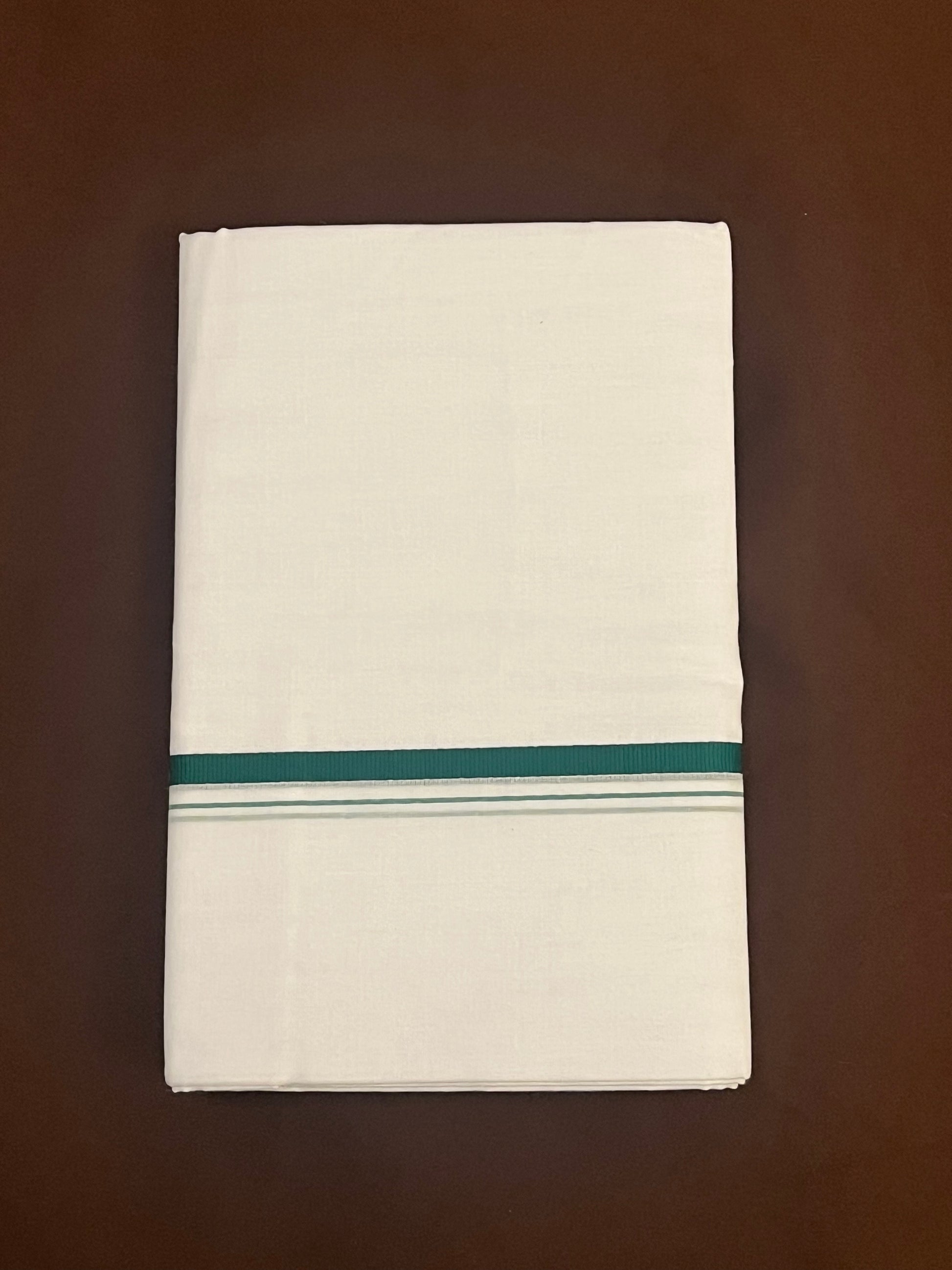 Beautiful Men's White Premium Pure Cotton Dhoti With Dark Green Color Zari Border