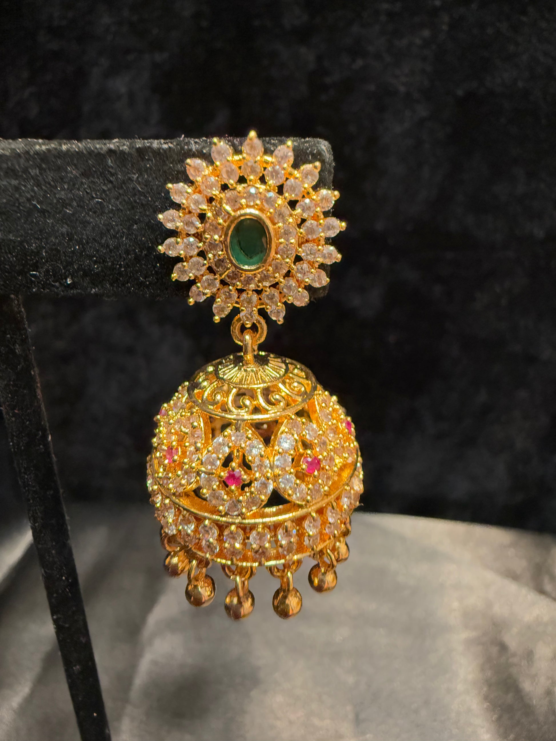 Jhumka With Green Color Stone And Golden Beads In USA