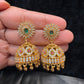 Attractive Gold Plated Designer Jhumka With Green Color Stone And Golden Beads