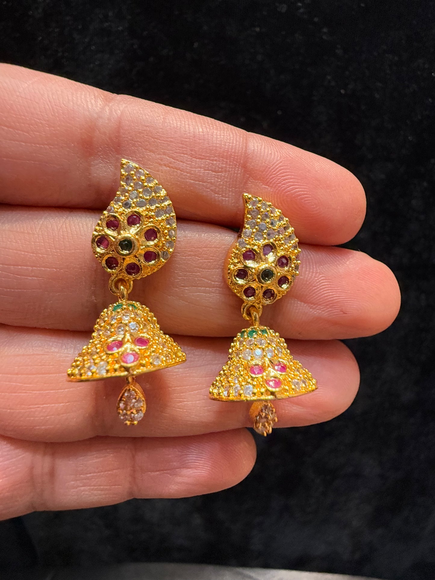 Appealing Gold tone Multicolored Stoned Designer jhumka Earrings