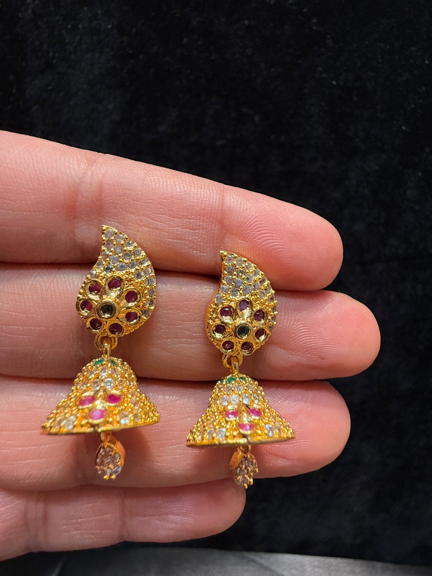 Appealing Gold tone Multicolored Stoned Designer jhumka Earrings