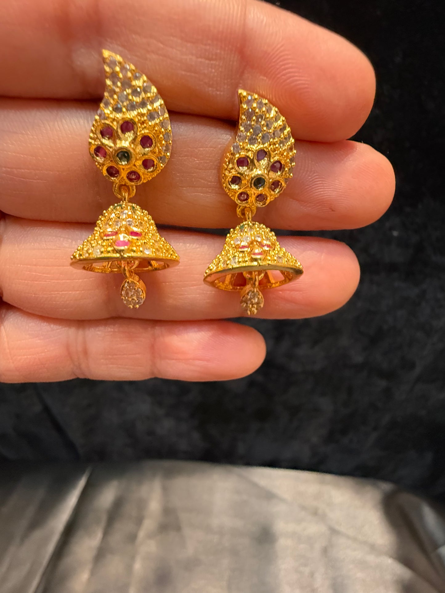 Appealing Gold tone Multicolored Stoned Designer jhumka Earrings