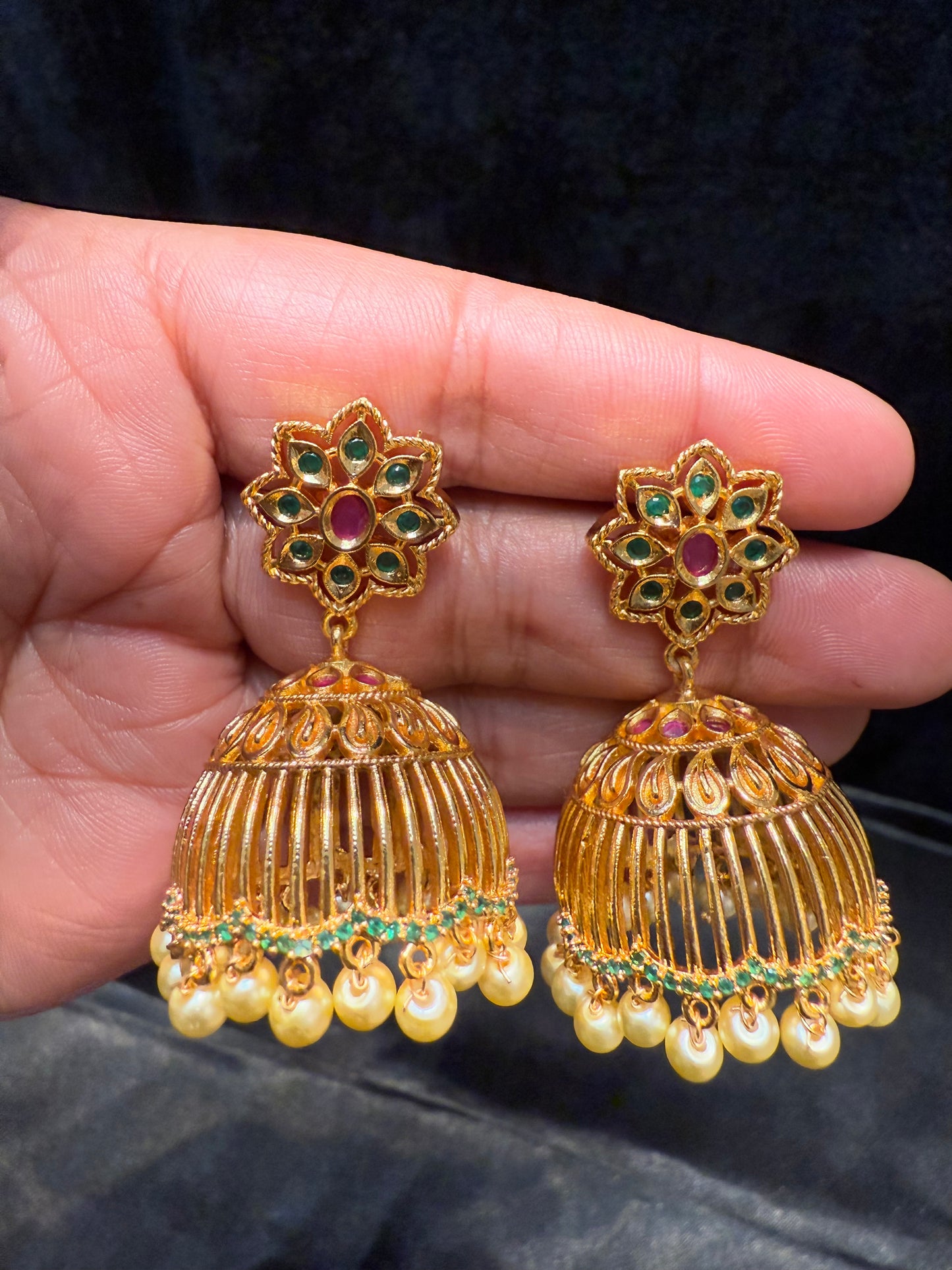 Dazzling Gold Plated Designer Jhumka with Hot Pink And Green Color Stone With Pearl Drop