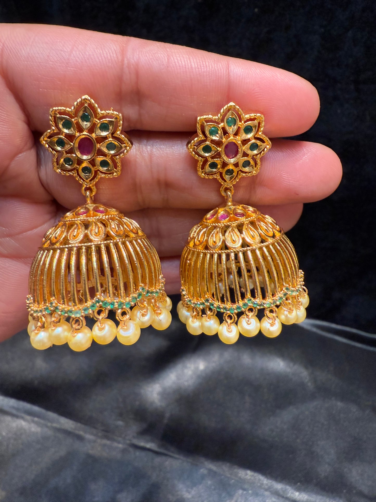 Dazzling Gold Plated Designer Jhumka with Hot Pink And Green Color Stone With Pearl Drop