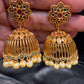 Dazzling Gold Plated Designer Jhumka with Hot Pink And Green Color Stone With Pearl Drop