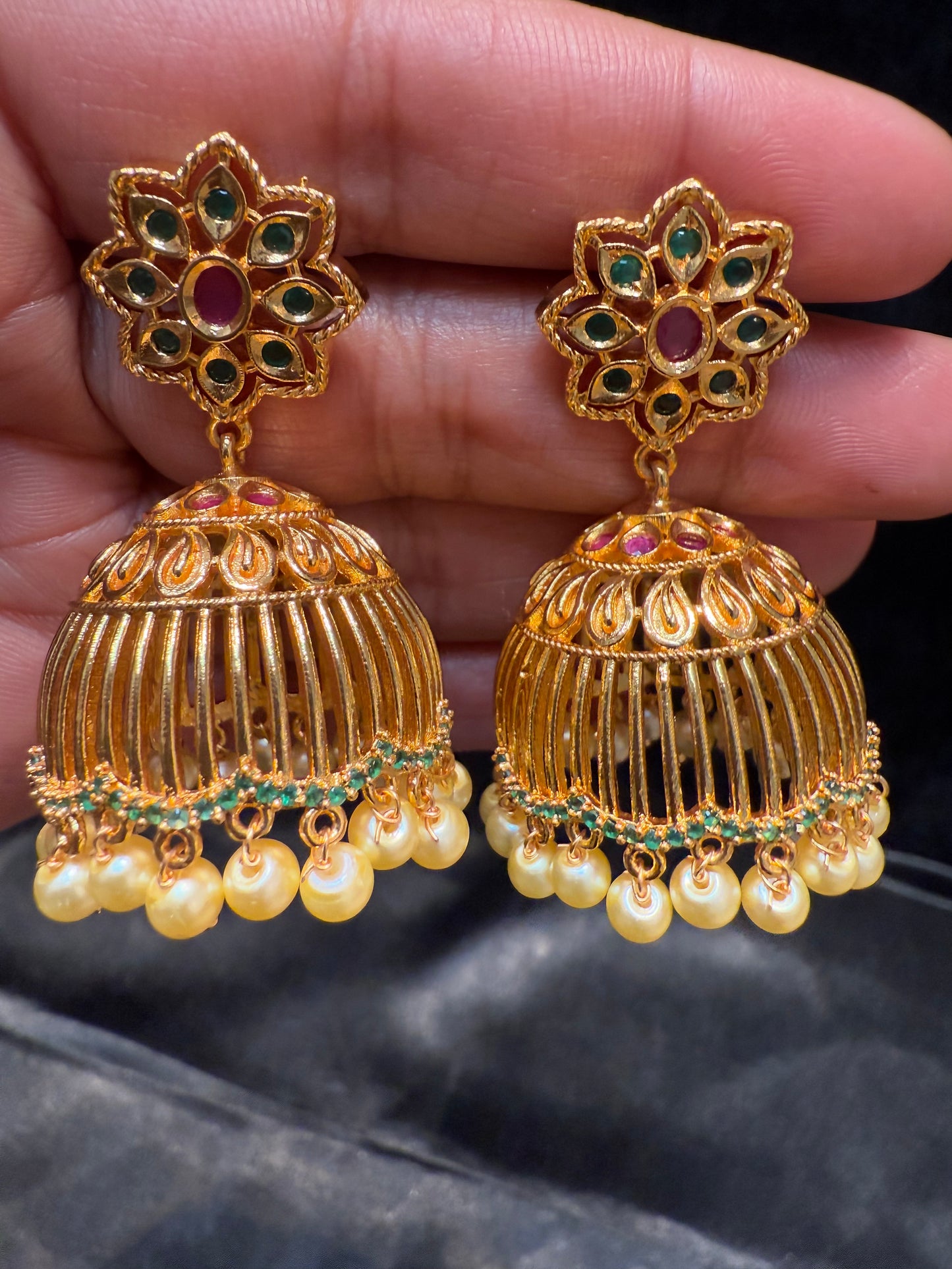 Dazzling Gold Plated Designer Jhumka with Hot Pink And Green Color Stone With Pearl Drop