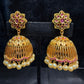 Dazzling Gold Plated Designer Jhumka with Hot Pink Color Stone With Pearl Drop